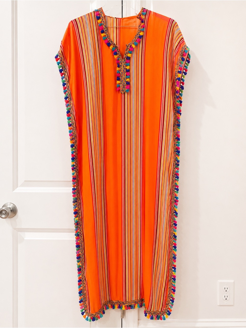 Vibrant Orange Striped Caftan Dress with Multicolor Pom Trim